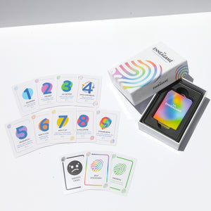 The Enneagame box opened with Enneagram cards sitting in a plastic insert. Enneagame cards 1-9, Identity Crisis, Self Discovery, and Growth are fanned out on the table.